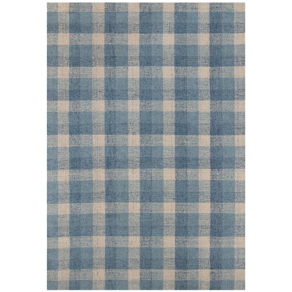 Hand-Tufted Rustic Farmhouse Blue Plaid Wool Area Rug, 2'x3'