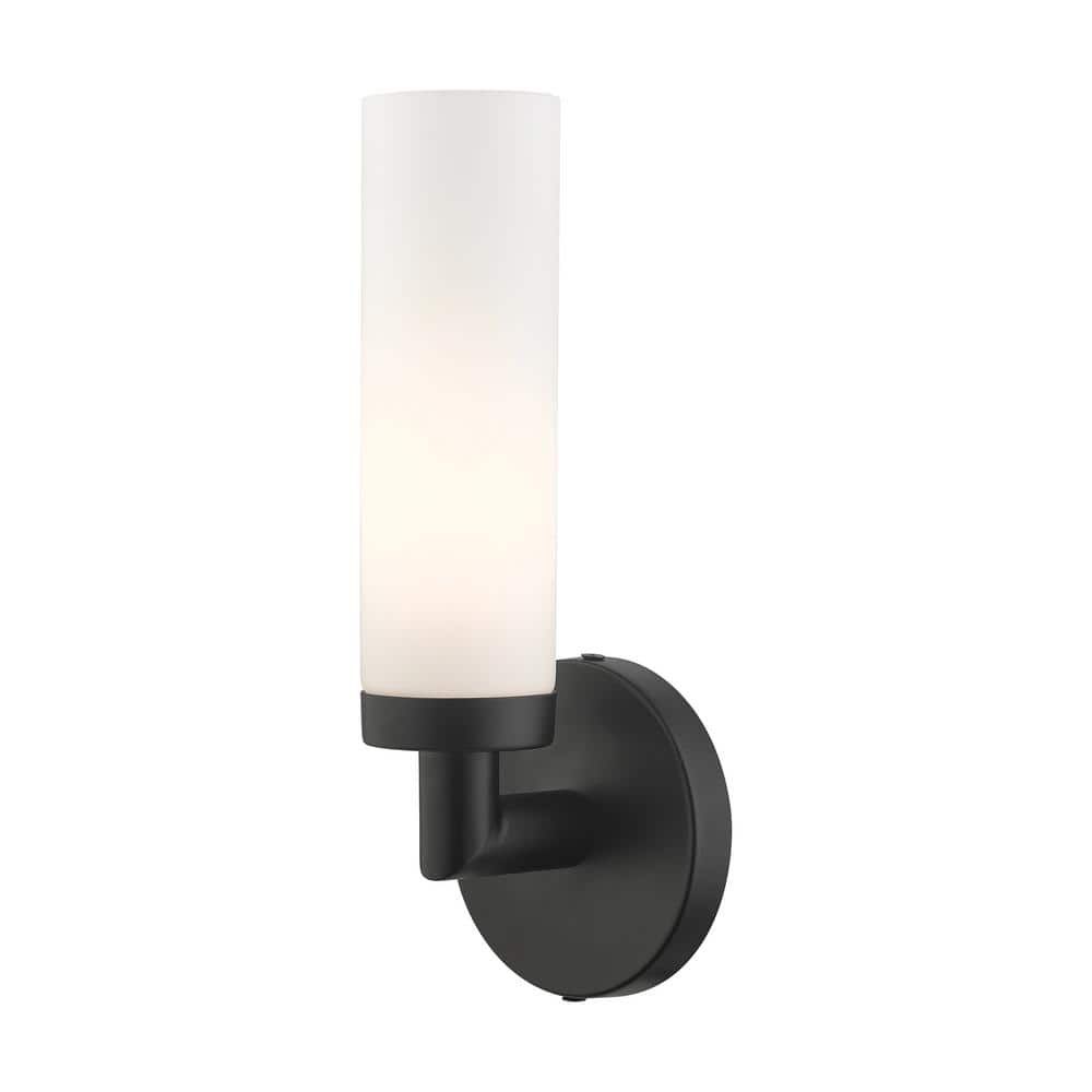 Black Steel Wall Sconce with Satin Opal Glass Shade