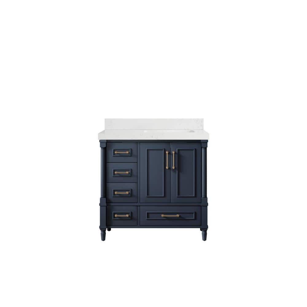 Hudson 36" Navy Blue Solid Wood Freestanding Vanity with White Quartz Top