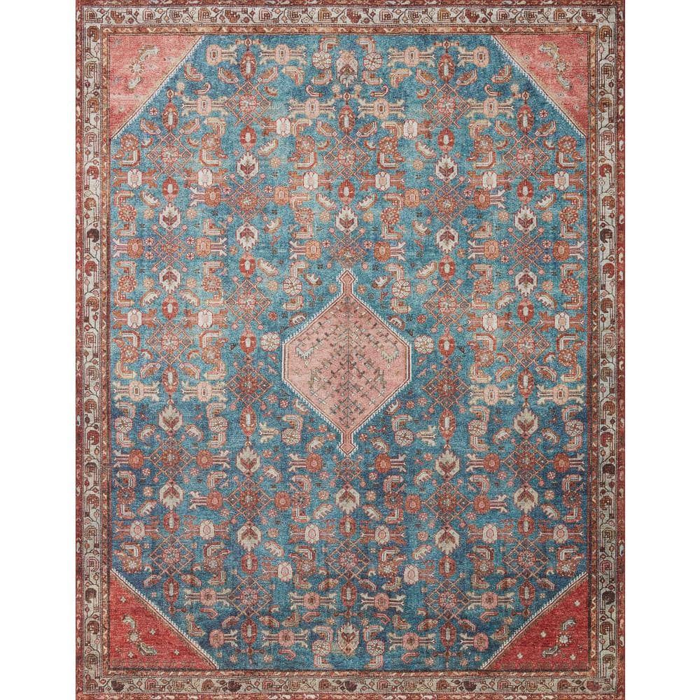 Blue and Clay Vintage Distressed Polyester Accent Rug