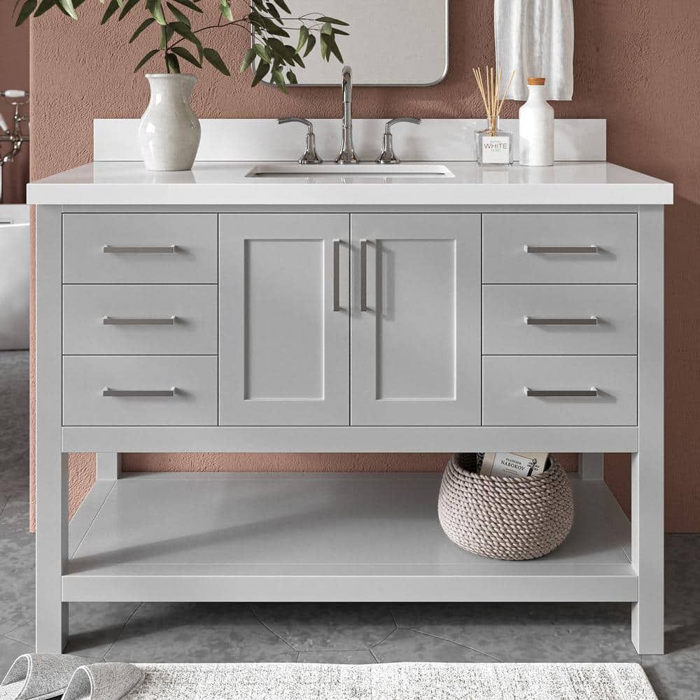 Gray Solid Wood Bath Vanity with White Quartz Top