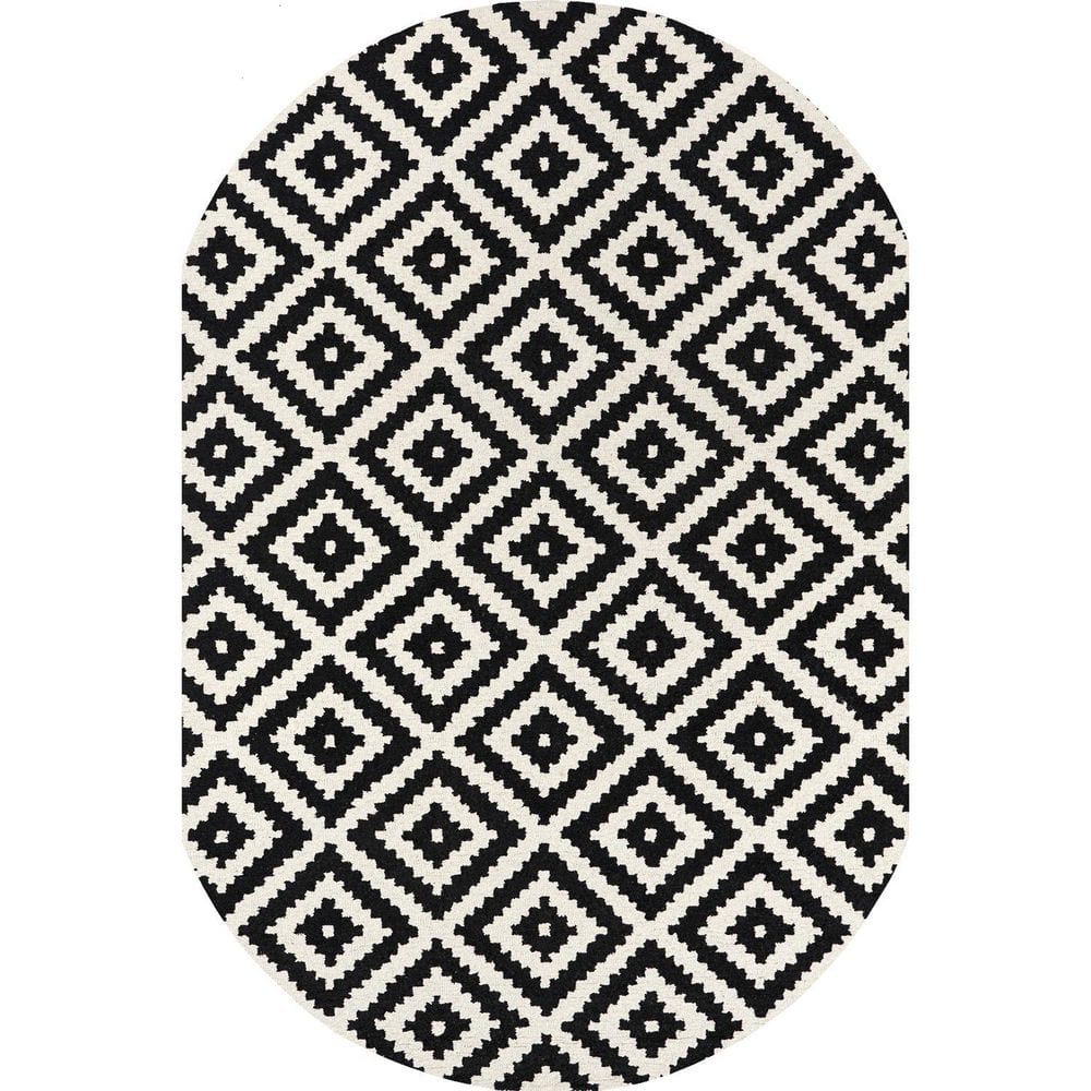 Handmade Black Wool Tufted Oval Diamond Rug 3' x 5'