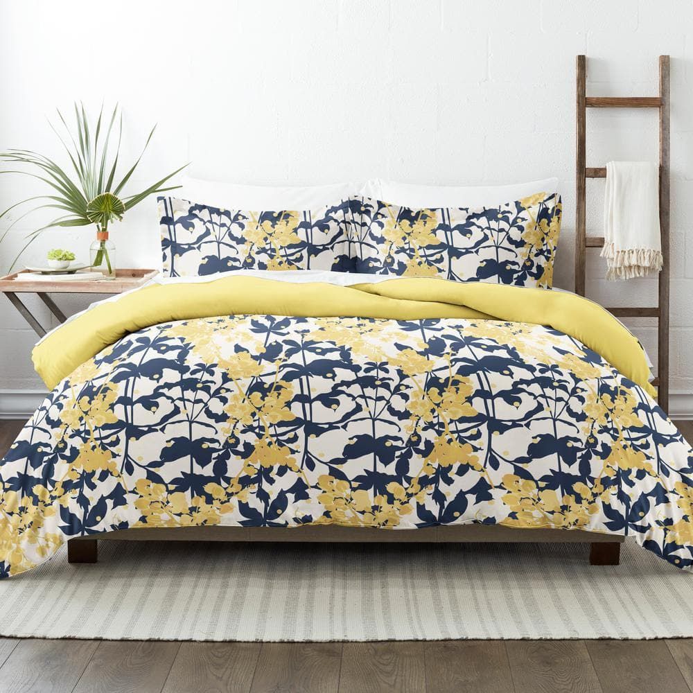 Yellow and Navy Boho Floral King/California King Duvet Cover Set