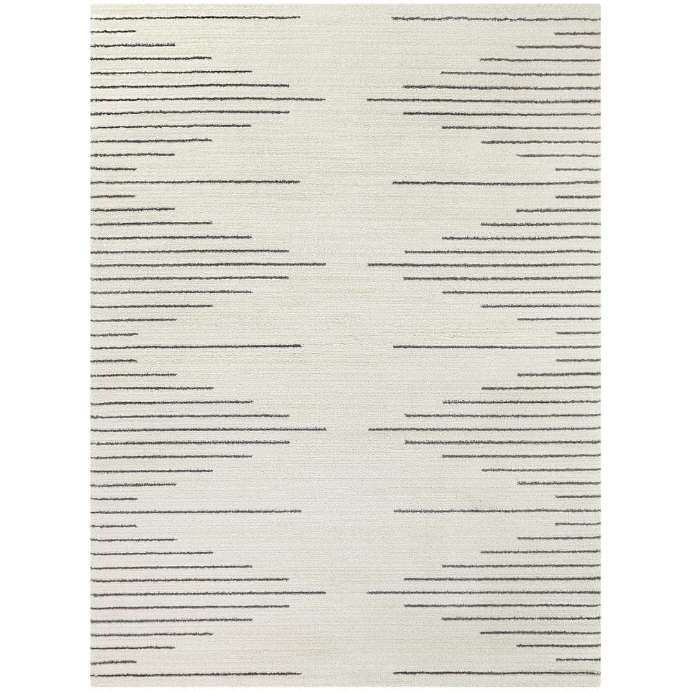 Cream and Gray Synthetic Stripe 9' x 12' Area Rug