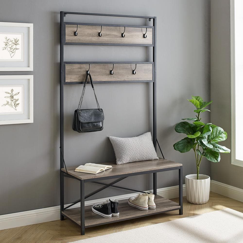 72" Gray Wash Industrial Metal and Wood Hall Tree with Bench