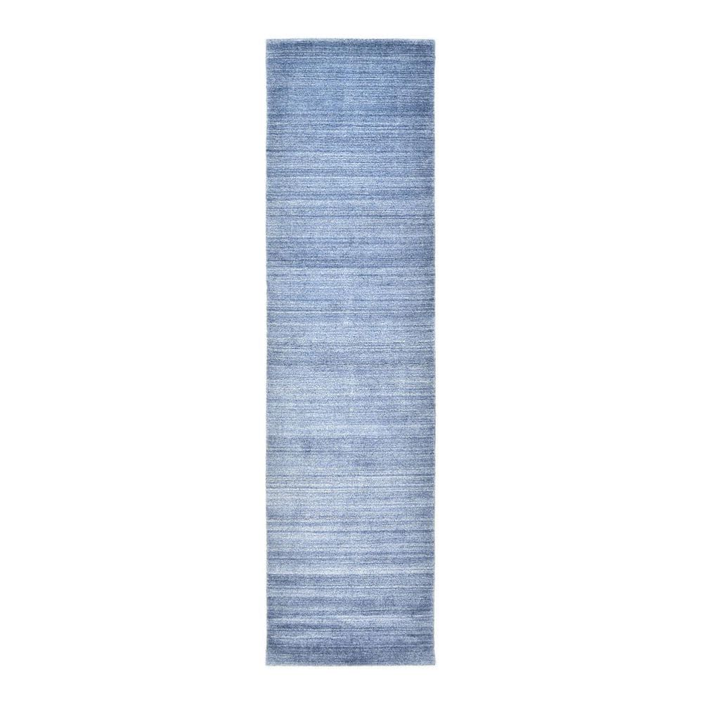 Hand-Knotted Denim Blue Wool Stripe Runner Rug