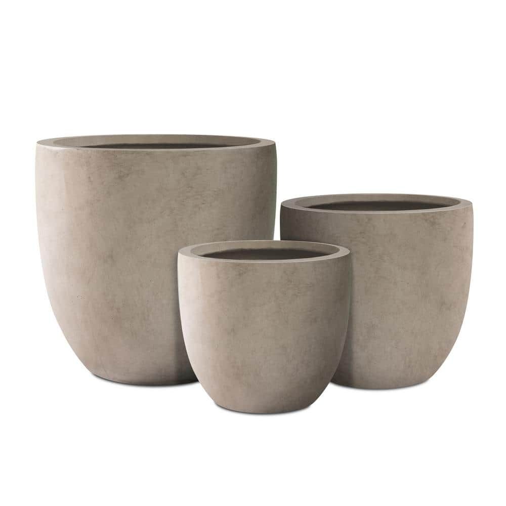 Set of 3 Gray Round Concrete Planters with Drainage Holes