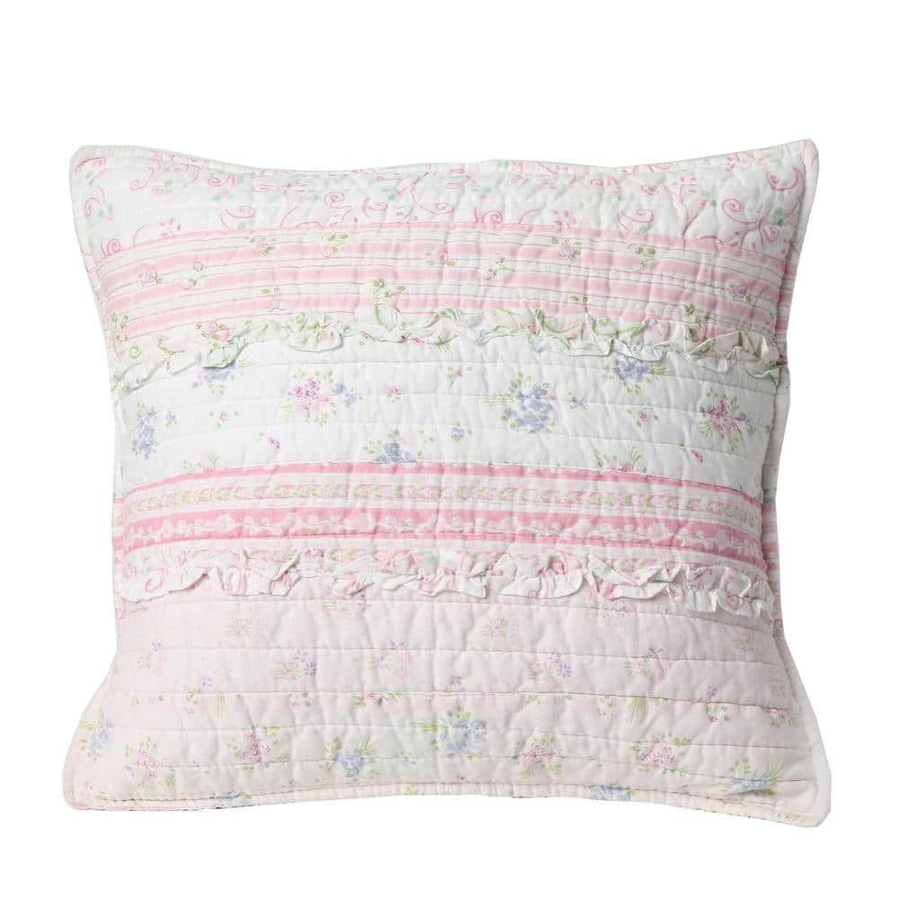 Pink Rose Peonies Ruffle 4-Piece Pink Floral Stripe Cotton Bedding Set with Decor Pillow King Quilt Set