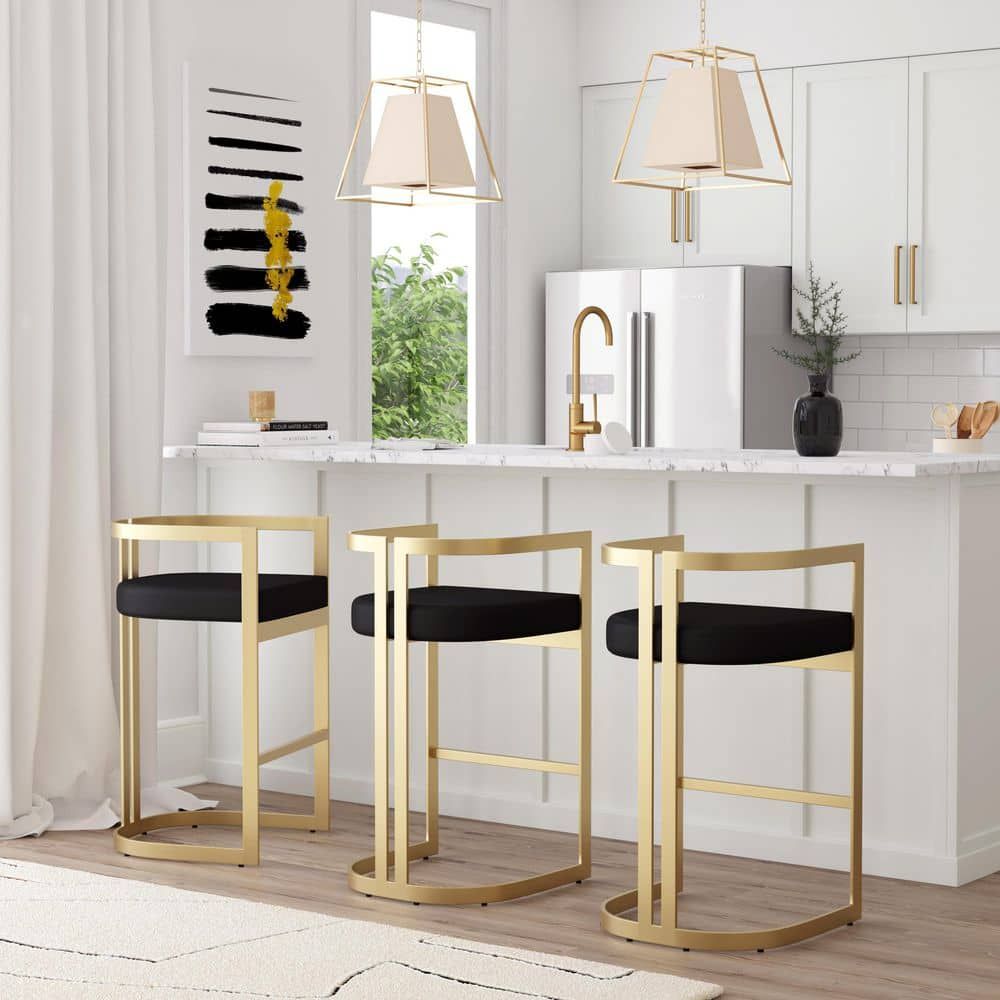 Clarence Black Faux Leather and Gold Metal Swivel Bar Stool