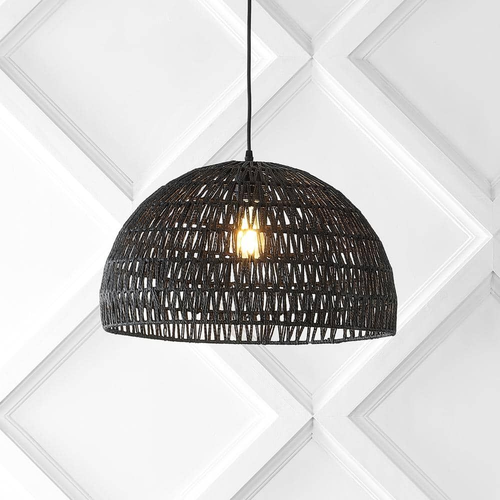 Bohemian Black Woven Rattan & Iron LED Dome Pendant 20"