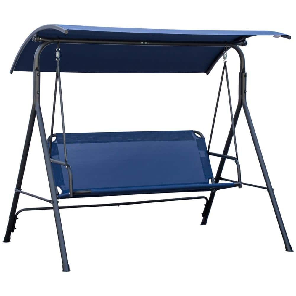 3-Person Dark Blue Metal Patio Swing with Adjustable Canopy