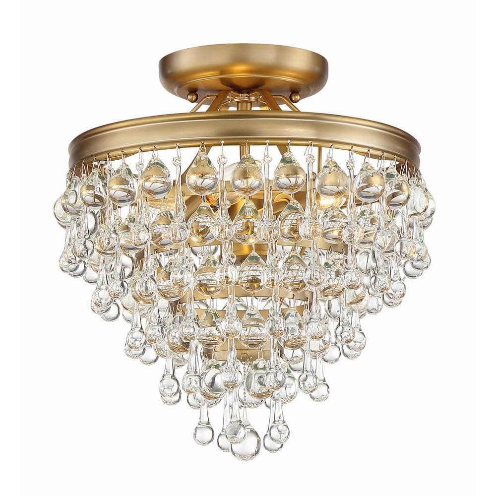 Vibrant Gold Crystal 3-Light Ceiling Mount with Clear Glass Drops