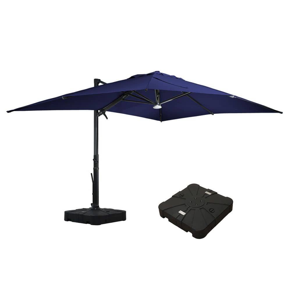 Navy Blue Aluminum Cantilever Patio Umbrella with LED Light and Stand