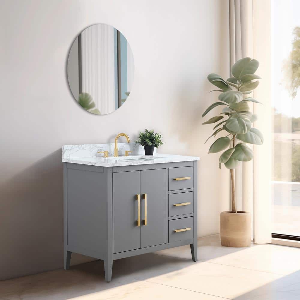 Cashmere Gray Poplar Wood Single Sink Bathroom Vanity with Engineered Marble Top