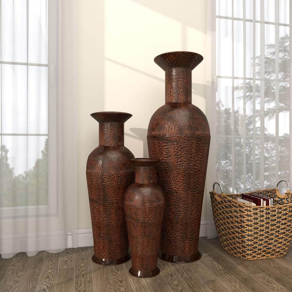 Tall Dark Brown Metal Floor Decorative Vase Set with Bubble Texture