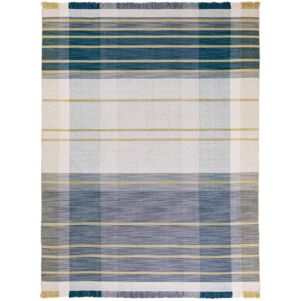 Beige and Teal Striped Wool 9' x 12' Flatweave Area Rug