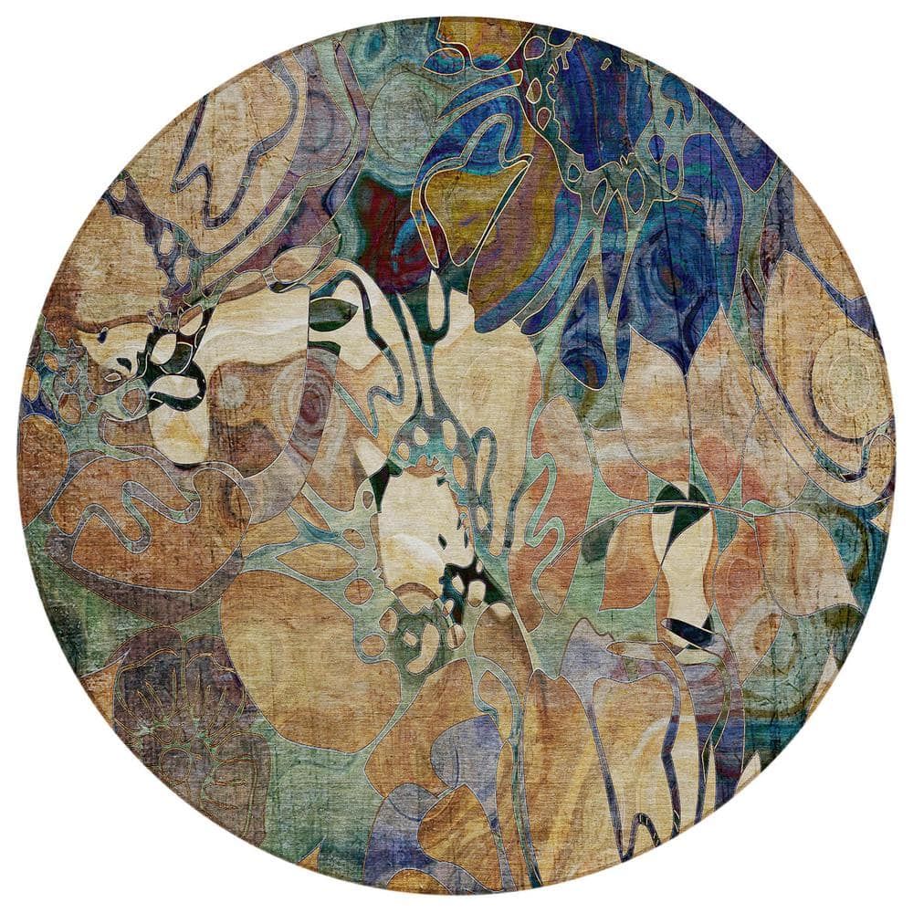 Beige and Multicolor Synthetic Floral Round Area Rug