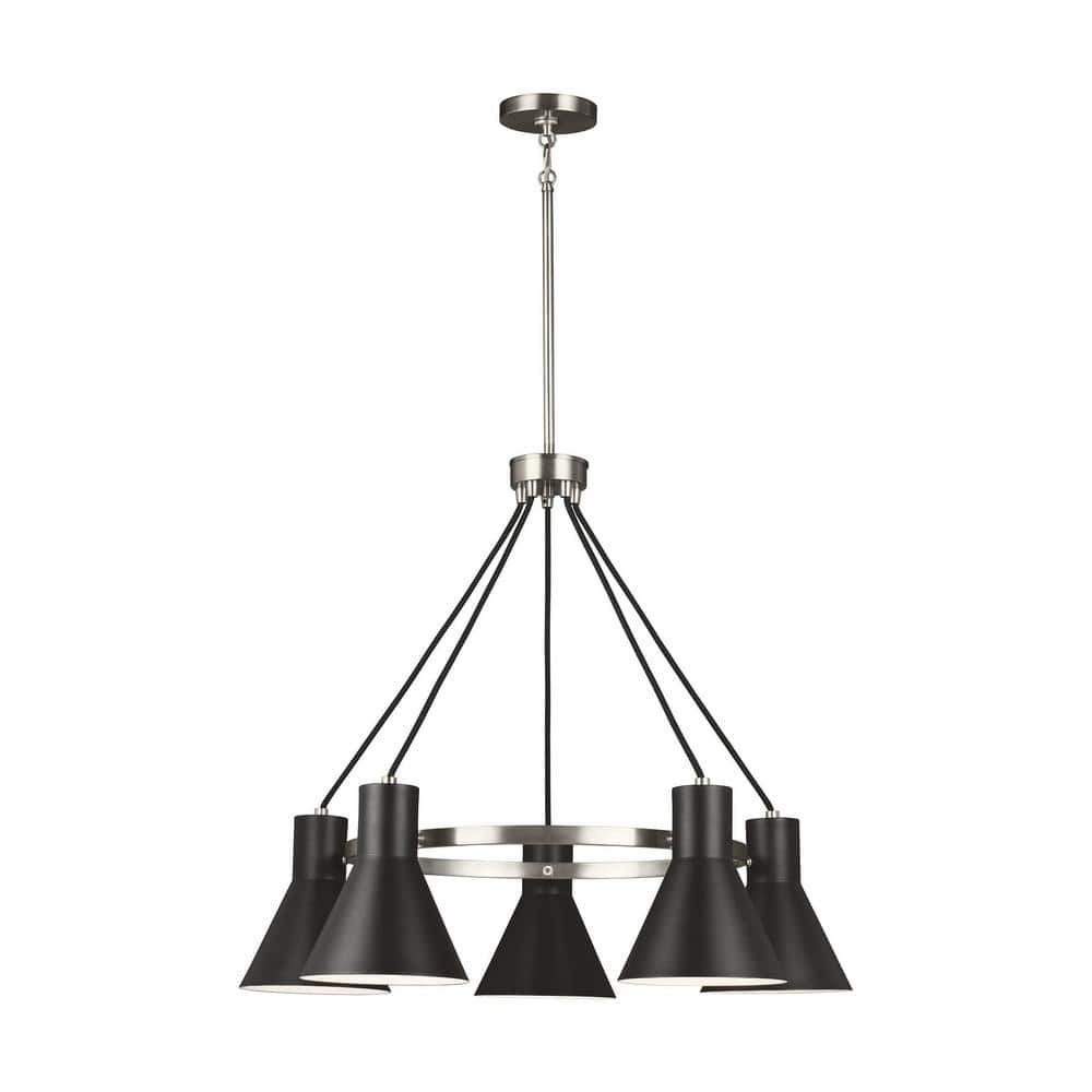 Sleek Brushed Nickel 5-Light Chandelier with Black Steel Shades