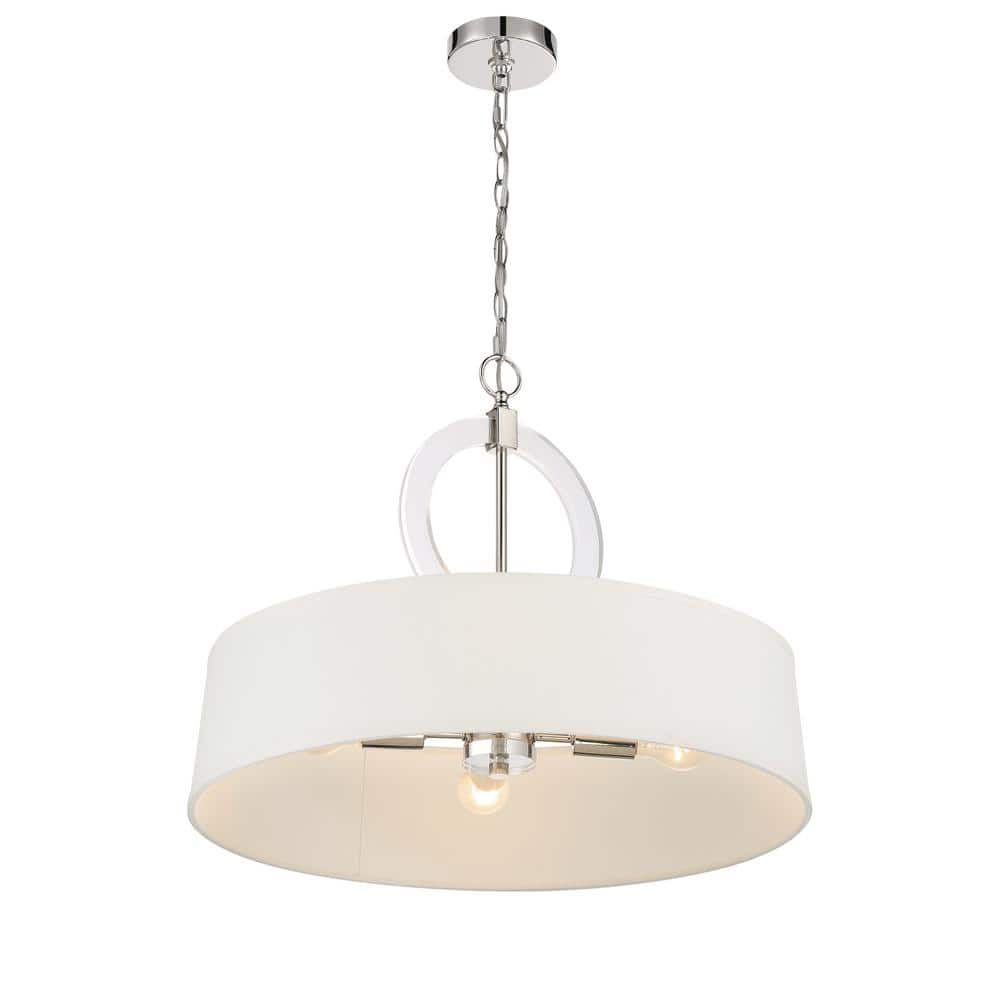 Cape Coral Polished Nickel 4-Light Drum Pendant with White Fabric Shade