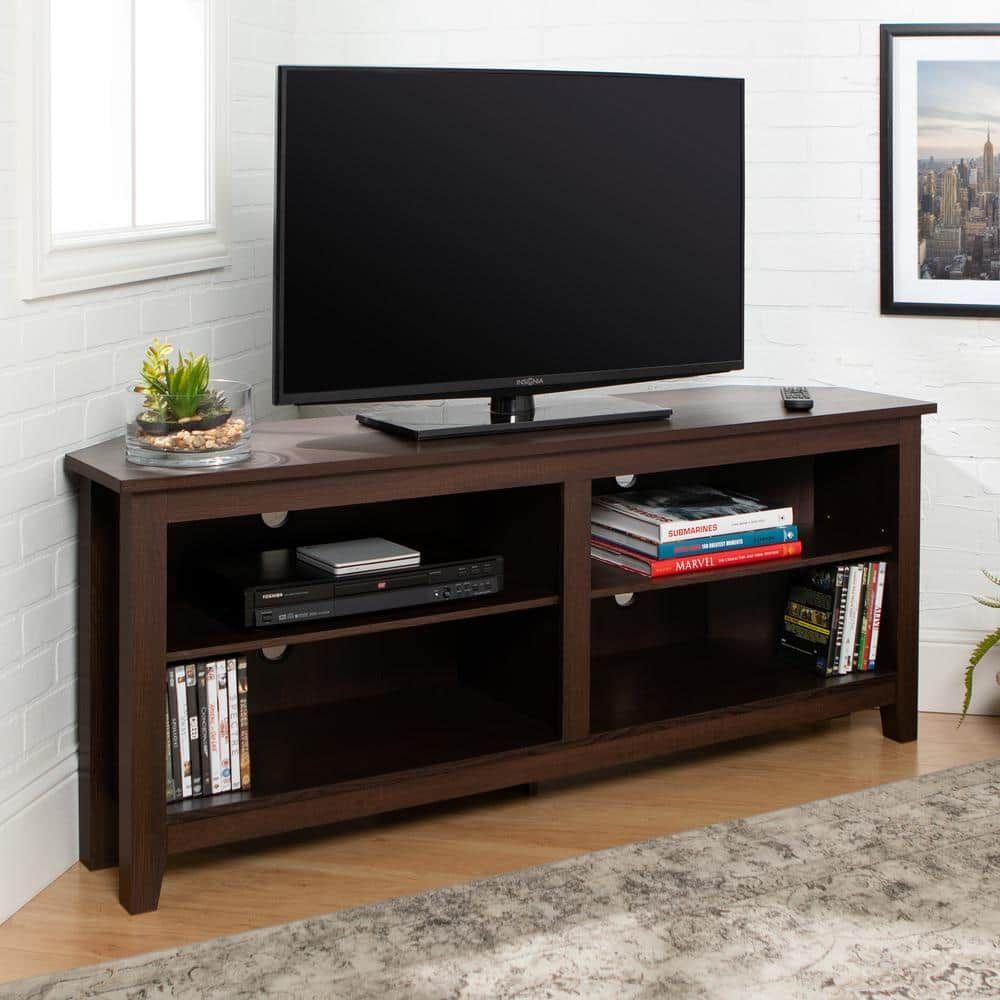 Espresso Corner Wood Media Stand with Adjustable Shelving