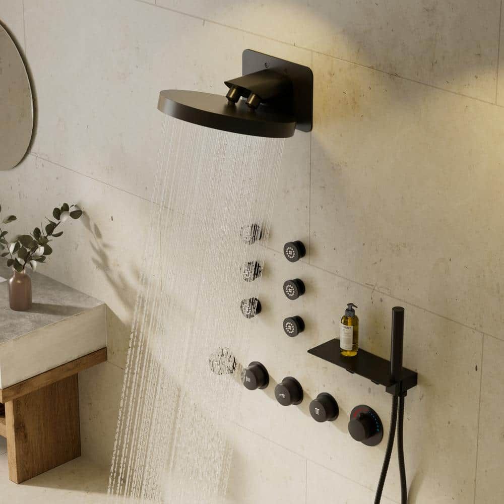 Matte Black Dual Wall Mount Rainfall Shower System with Body Jets