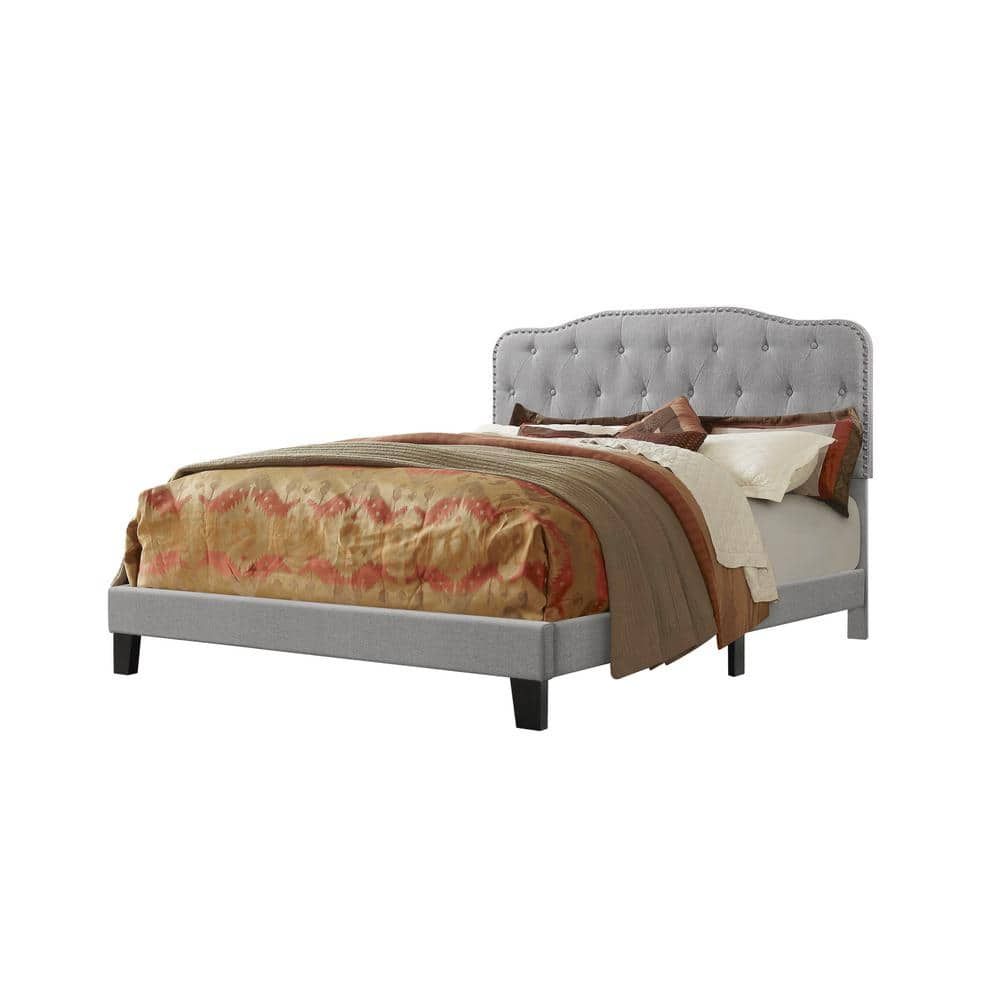 Elegant Queen-Sized Linen Upholstered Bed with Tufted Headboard and Nailhead Trim