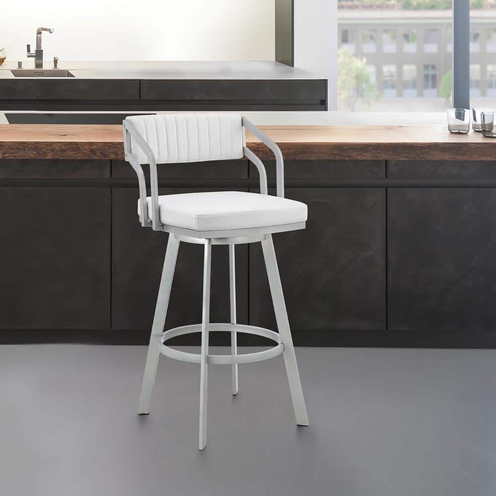 Modern Scranton 26" Swivel White Faux Leather & Silver Metal Bar Stool