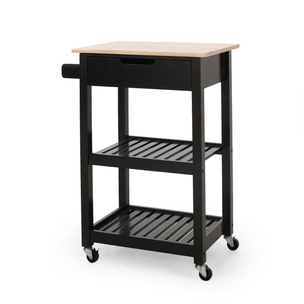 Black and Natural Wood Kitchen Cart with Shelves and Wheels