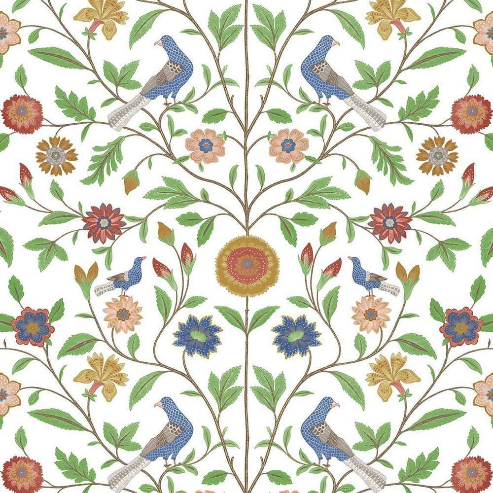 White and Multicolor Bird Toile Vinyl Peel and Stick Wallpaper Roll