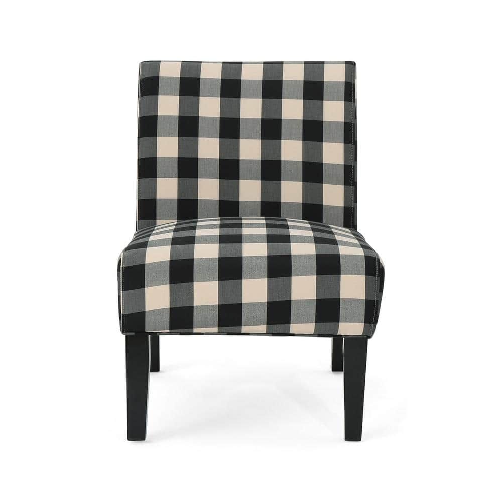 Handcrafted Black Plaid Rubberwood Slipper Accent Chair