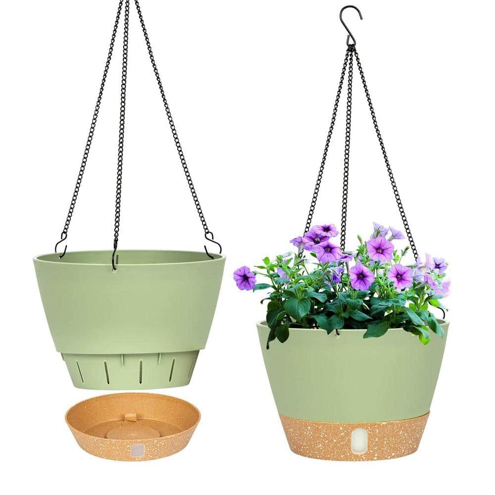 8-inch Green Plastic Hanging Planter with Self-Watering Reservoir, 2-Pack