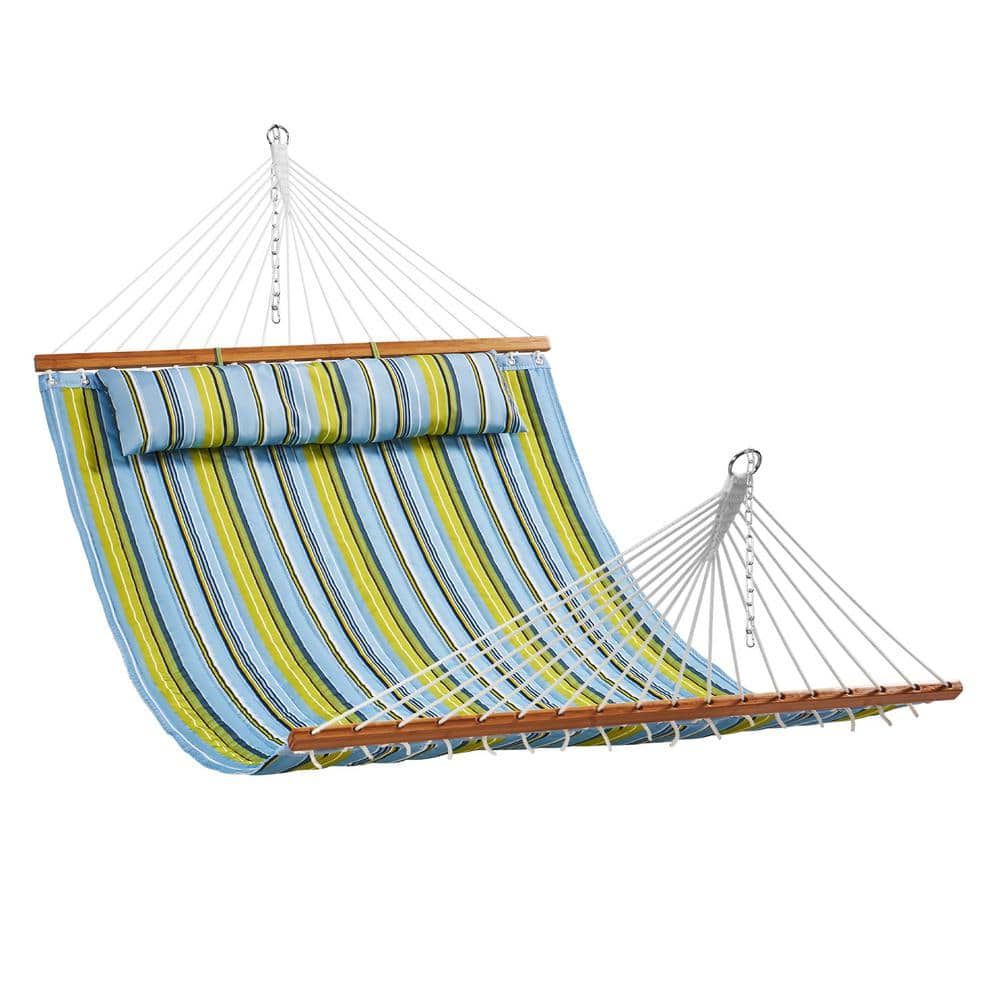 12 FT Blue and Green Quilted Fabric Hammock with Hardwood Spreader Bars