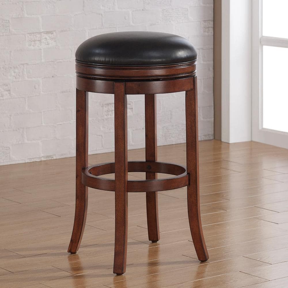 Brown Wood and Leather Swivel Bar Stool