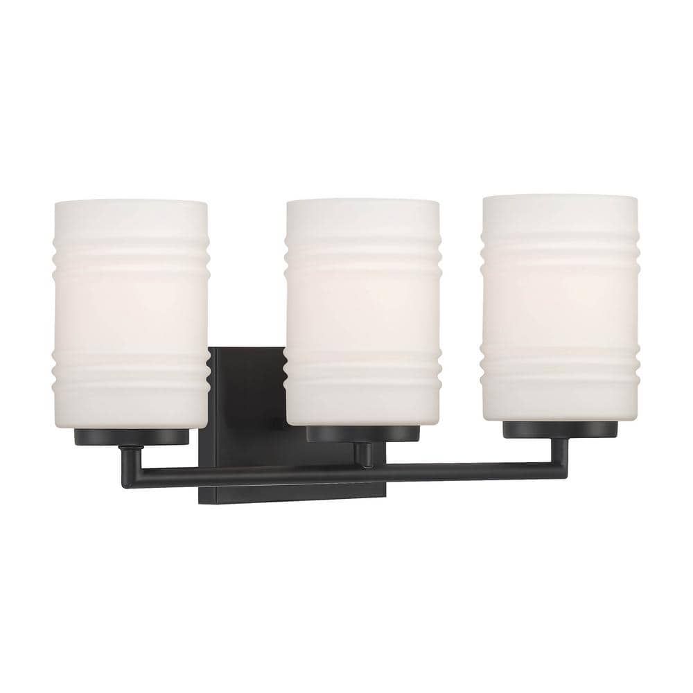 Modern Matte Black 3-Light Vanity Bath Light with Etched Opal Glass