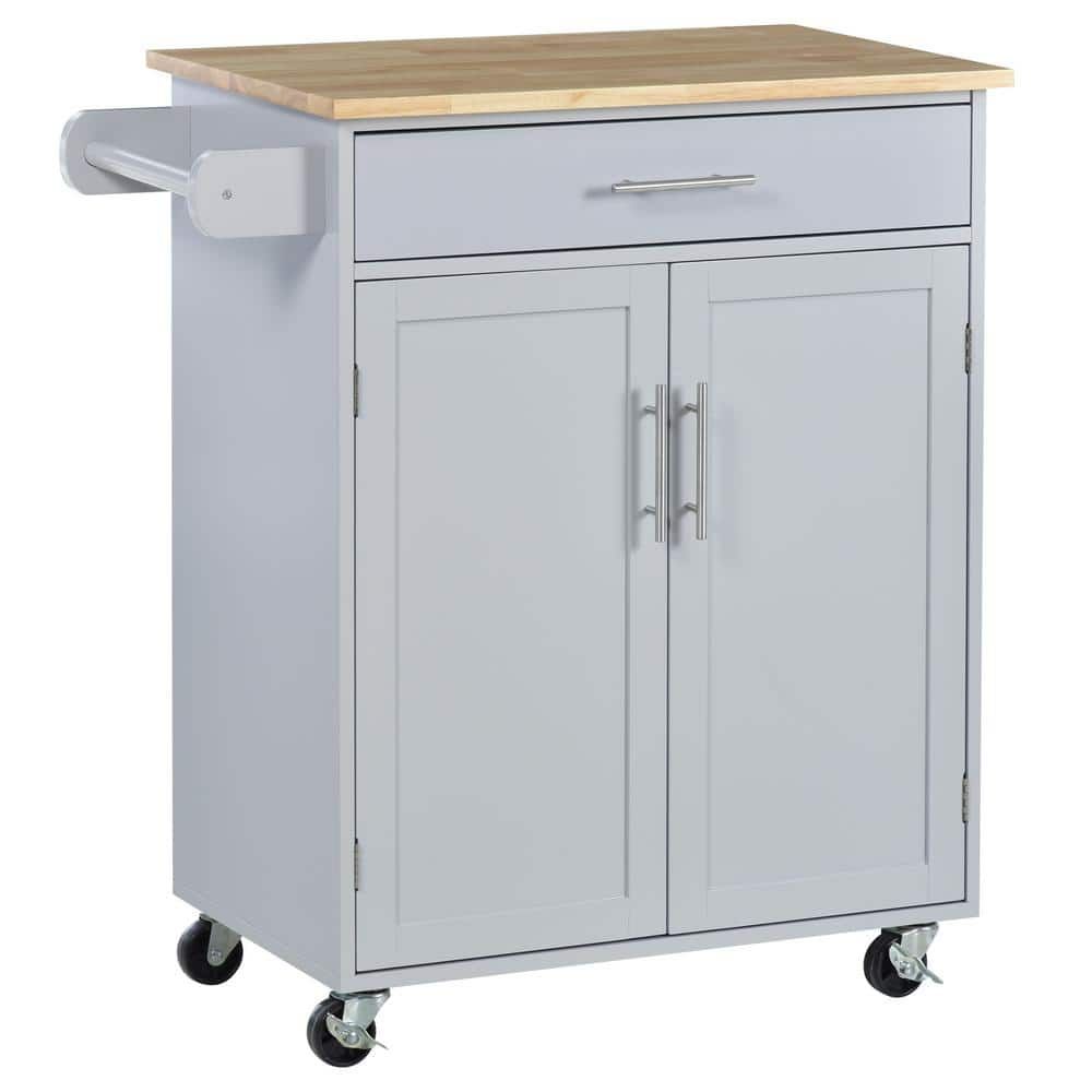 Grey Wood Rolling Kitchen Cart with Storage and Towel Rack