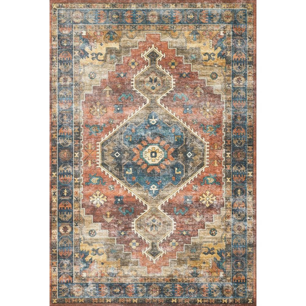 Blue and Rust Rectangular Synthetic 5' x 7' Area Rug