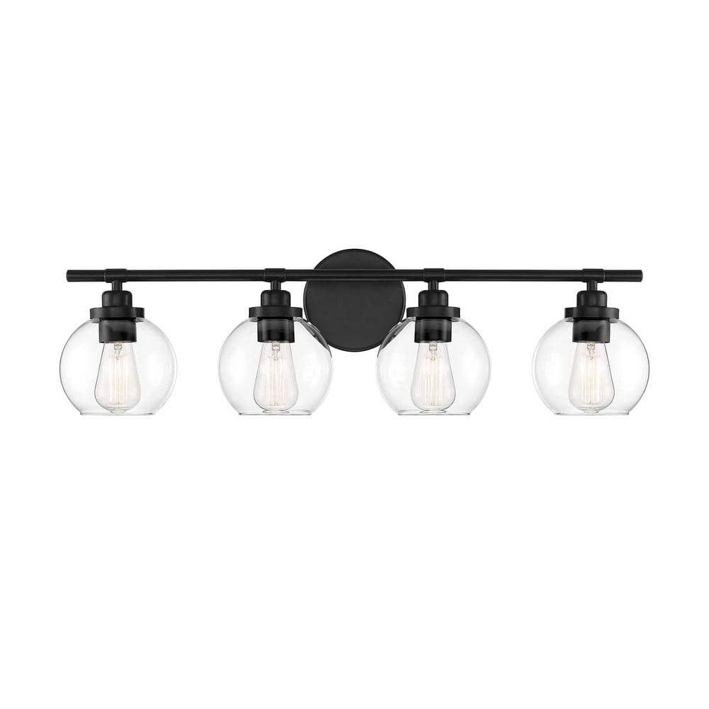 Matte Black 4-Light Bathroom Vanity Fixture with Frosted Glass Shades