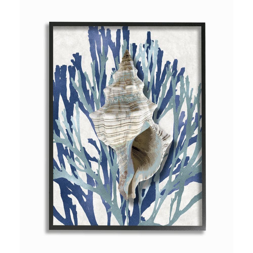 Coral Blue Shell Design Coastal Canvas Print in Ebony Frame