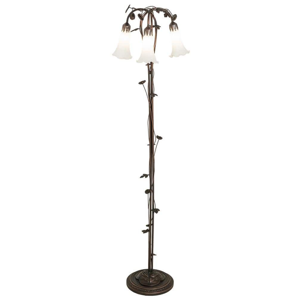 Mahogany Bronze Arc Floor Lamp with White Glass Shades
