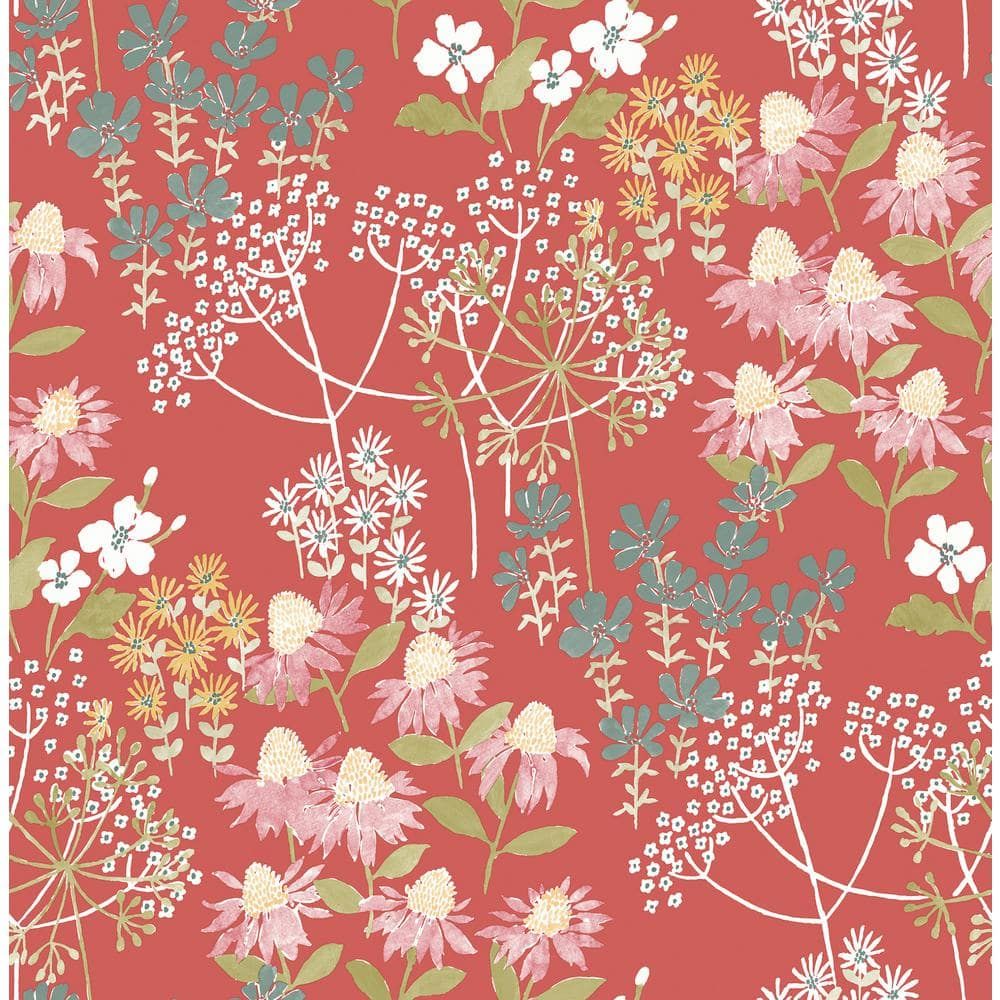 Red Multicolor Floral Non-Woven Removable Wallpaper