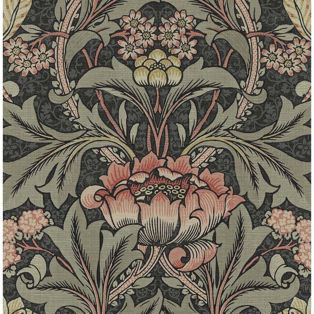 Charcoal and Rosewood Floral Vinyl-Coated Wallpaper Roll