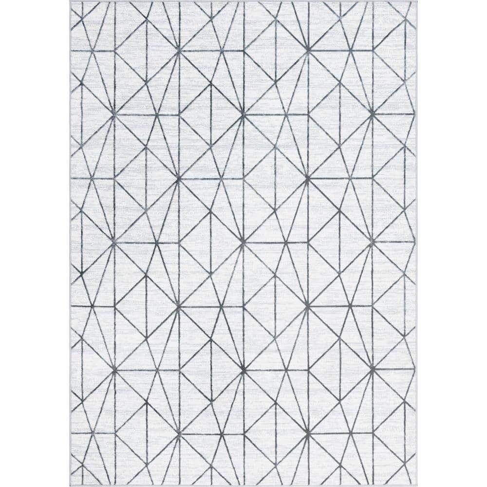 White and Gray Trellis Pattern Stain-Resistant Synthetic Rug, 7x10 ft