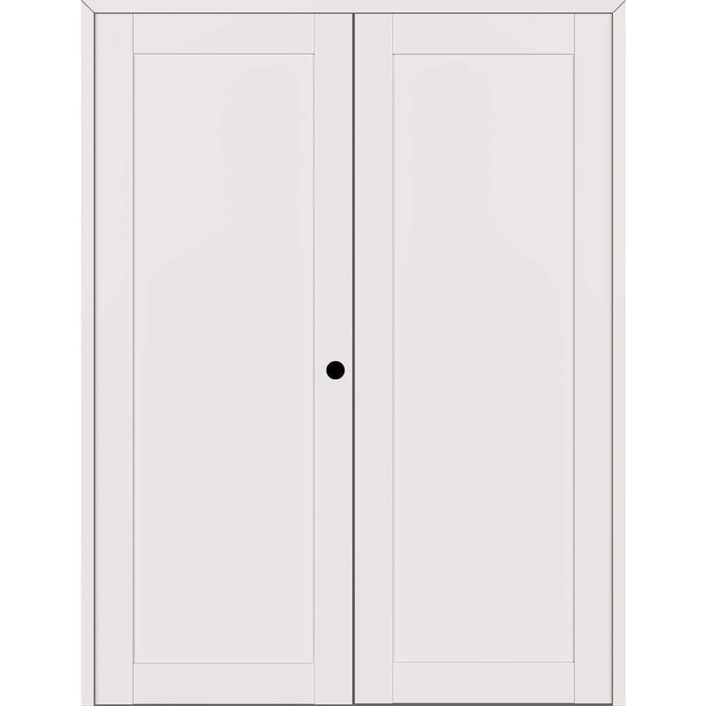Snow White Solid Composite Double Swing Interior Door with Satin Nickel Hinges