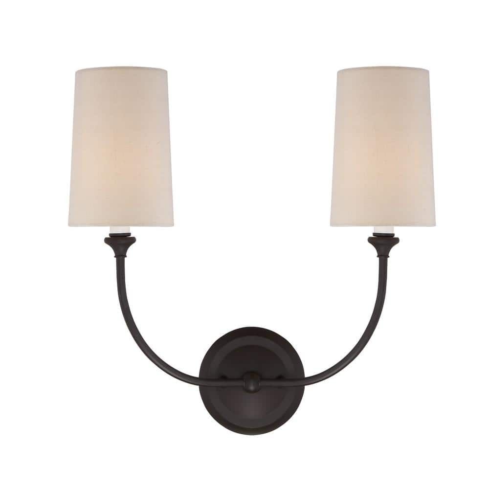 Dark Bronze Dual-Light Sconce with Flax Linen Silk Shades