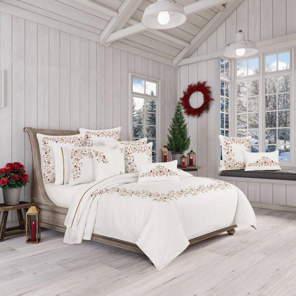 Joyeux White and Red Cotton Full/Queen Holiday Duvet Cover Set