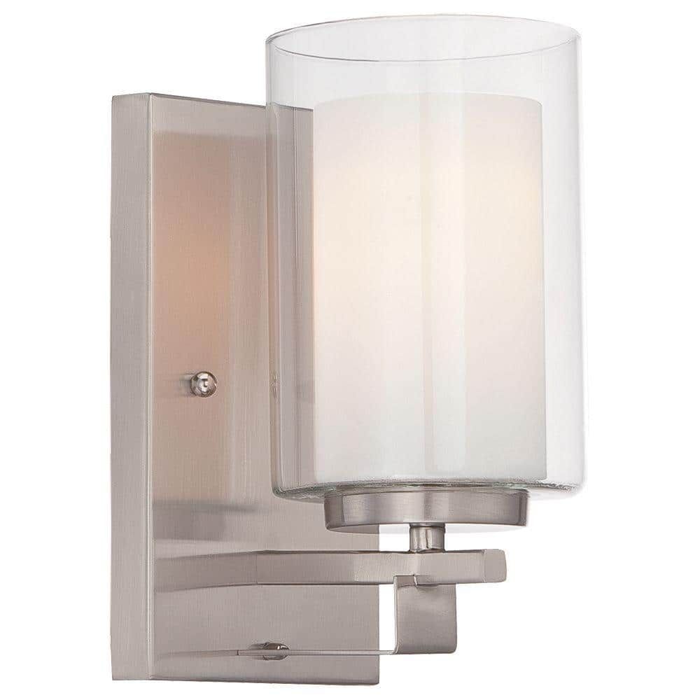 Brushed Nickel Outdoor Cylinder Wall Sconce with Etched Glass