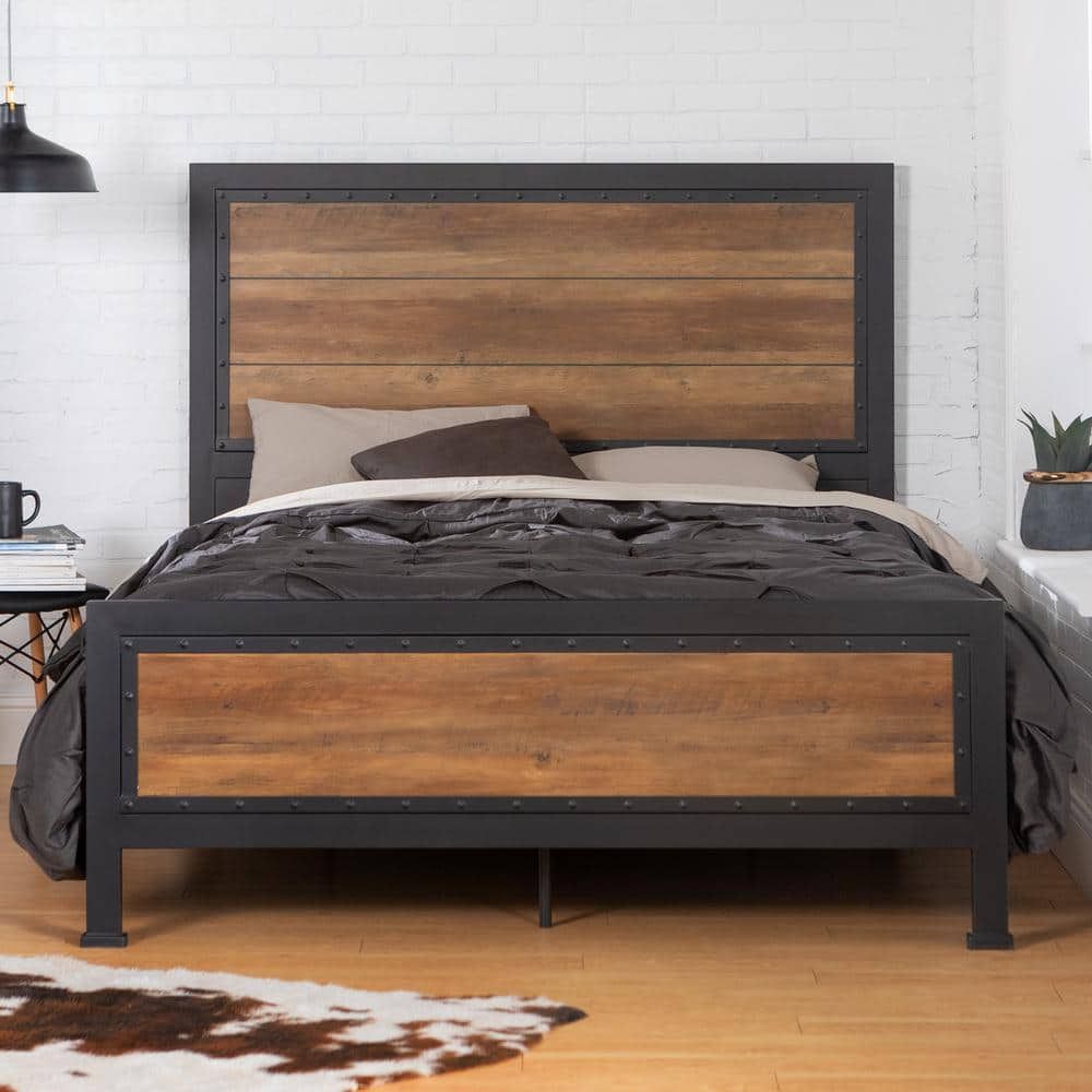 Rustic Oak Queen Bed with Metal Frame and Wood Headboard