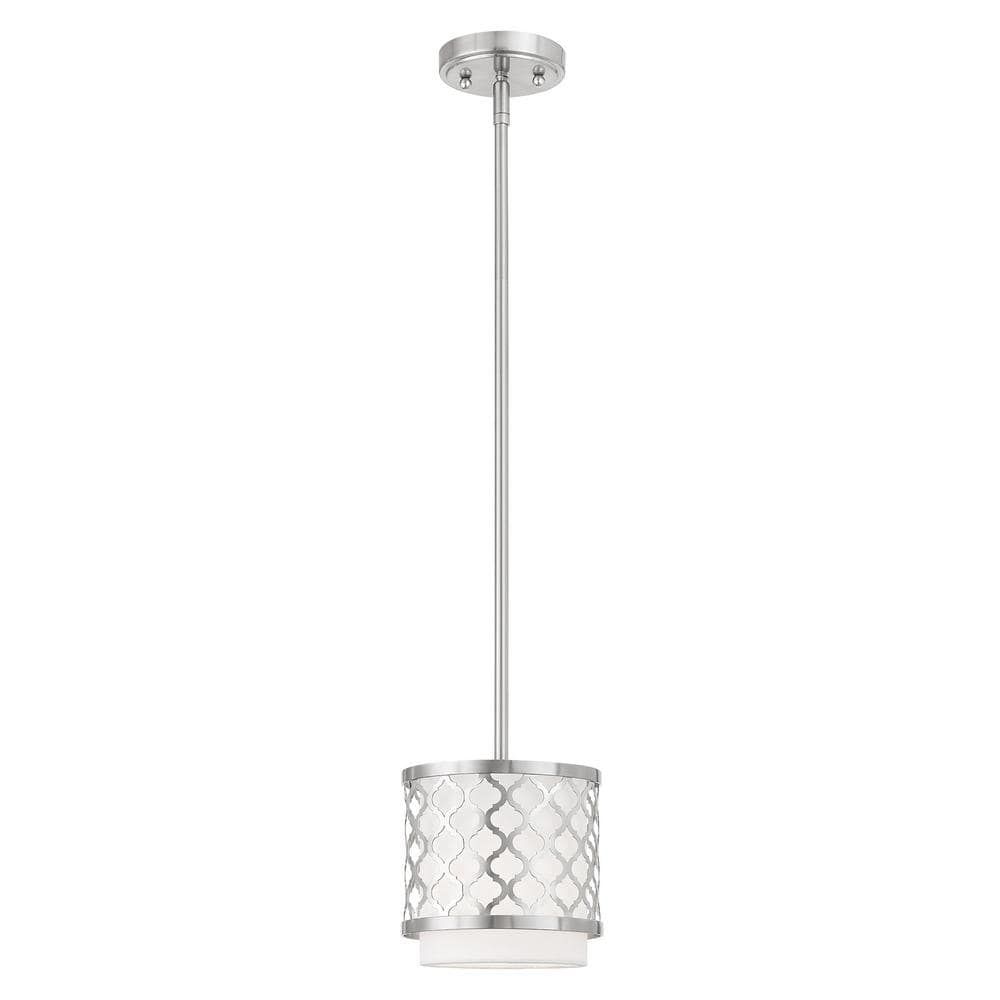 Elegant Arabesque Brushed Nickel Mini Pendant with Off-White Shade