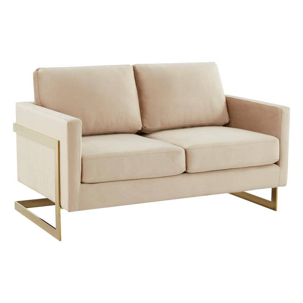 Elegant Beige Velvet Loveseat with Golden Solid Wood Frame