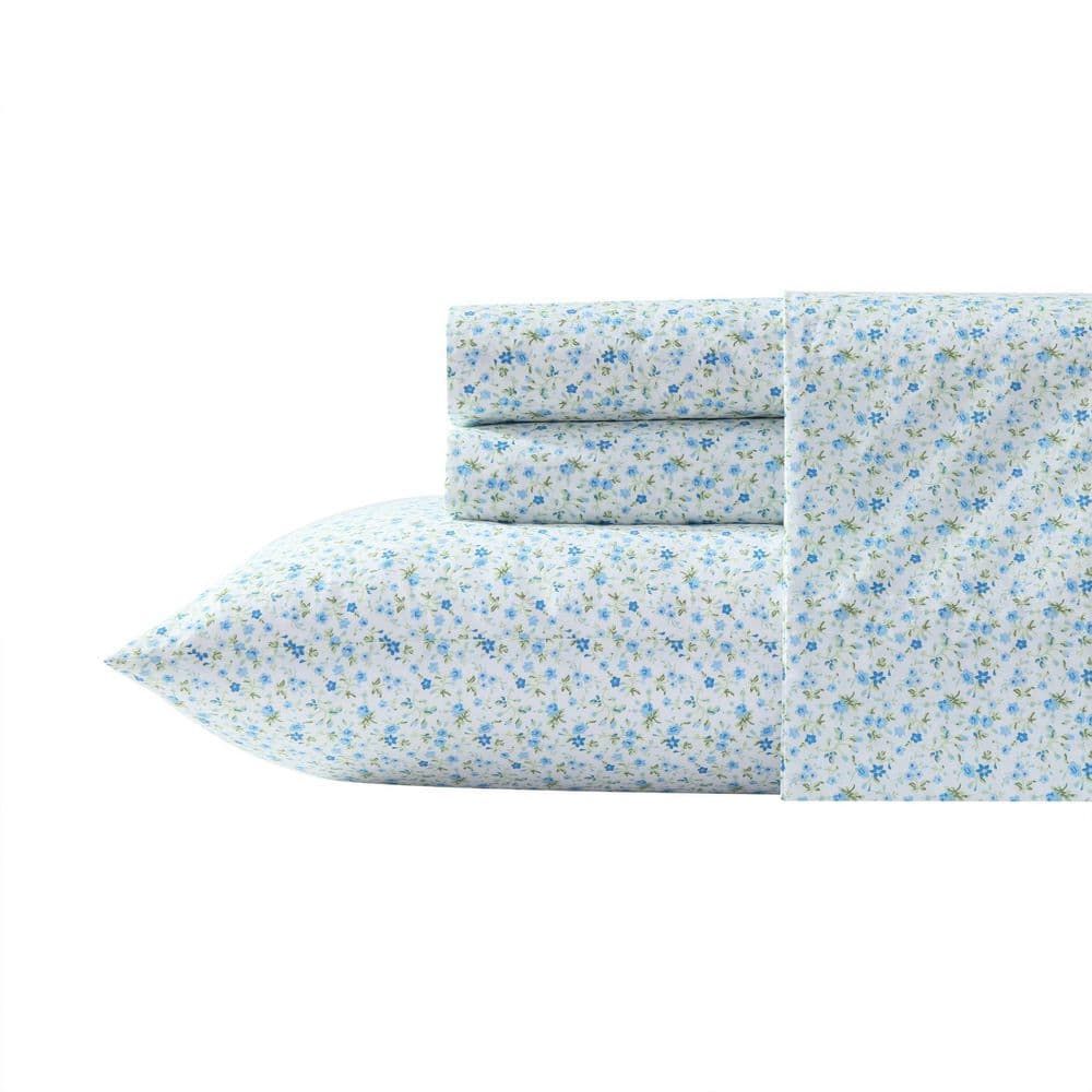 Evie Blue Floral Cotton Twin XL Percale Sheet Set